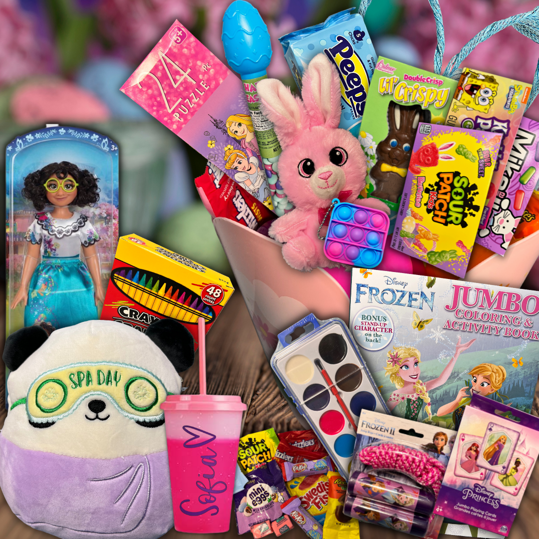 Large Easter Basket for Kids (girl) with Surprise Egg Toys and Personalized Cup